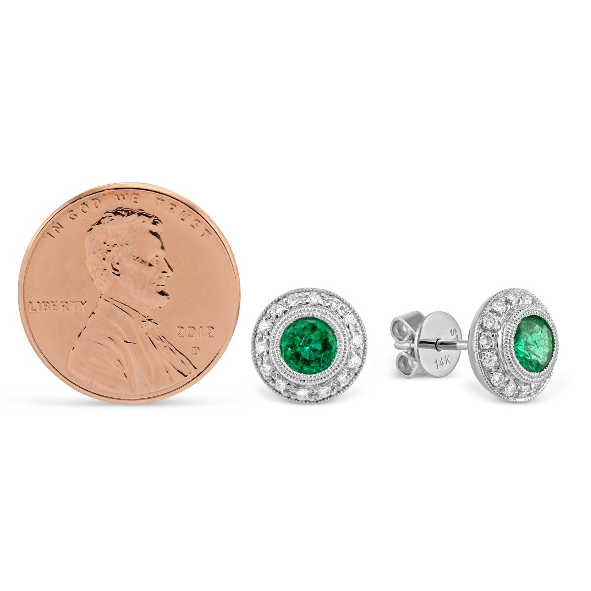 Round Emerald & Diamond Bezel Earrings in White Gold