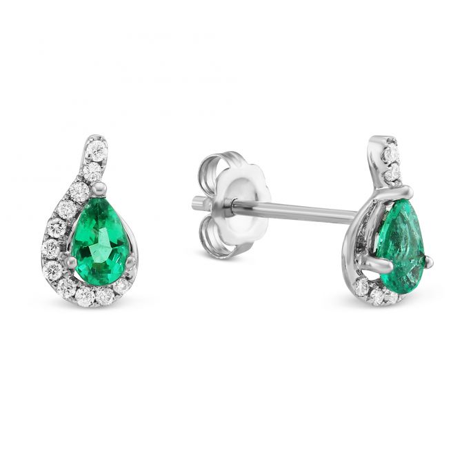 Pear Shaped Emerald & Diamond Earrings in White Gold