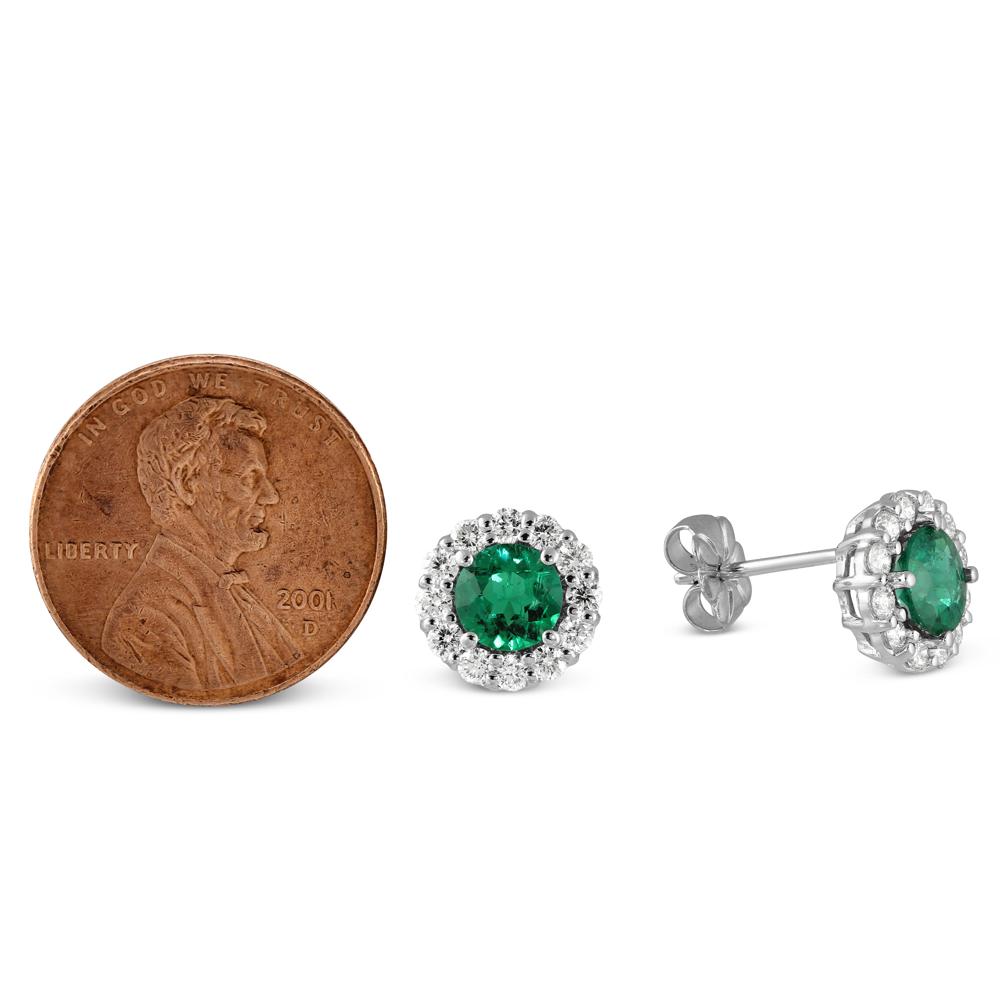 Emerald and Diamond Halo Earrings in White Gold