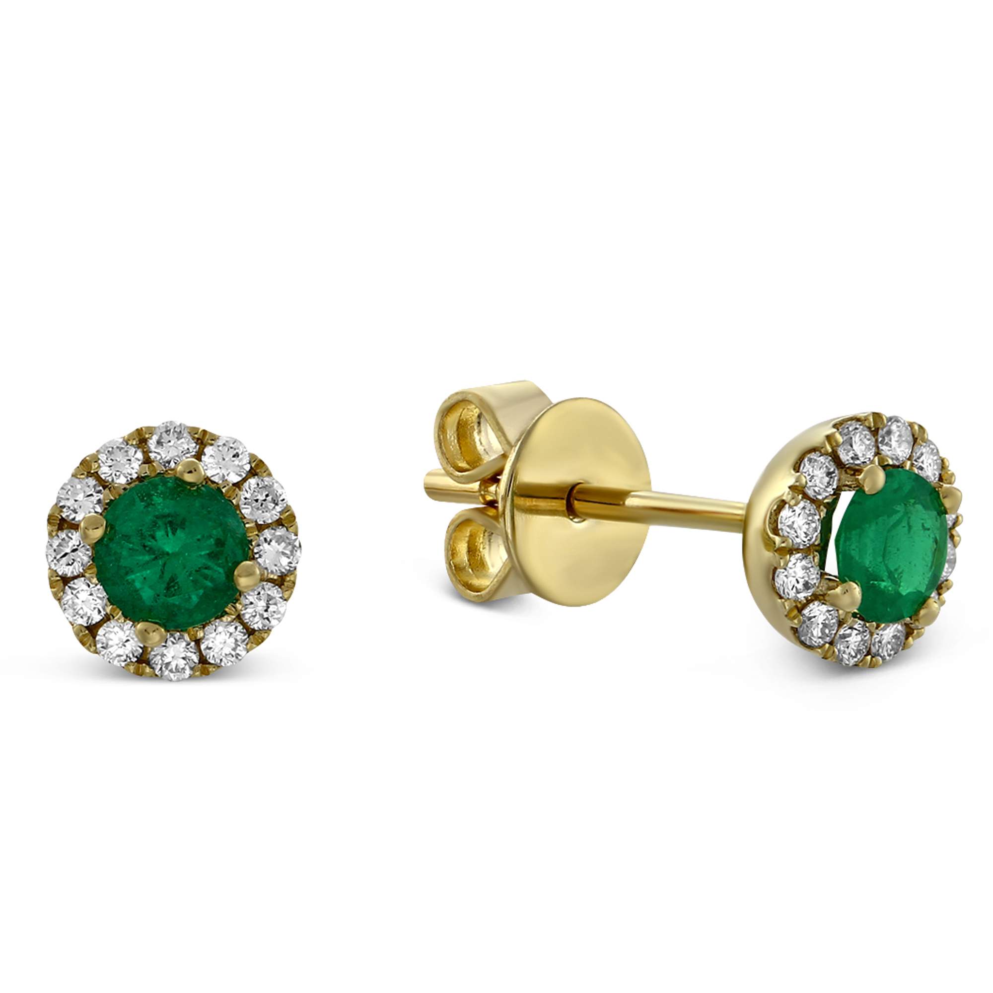 Emerald & Diamond Halo Earrings in Yellow Gold