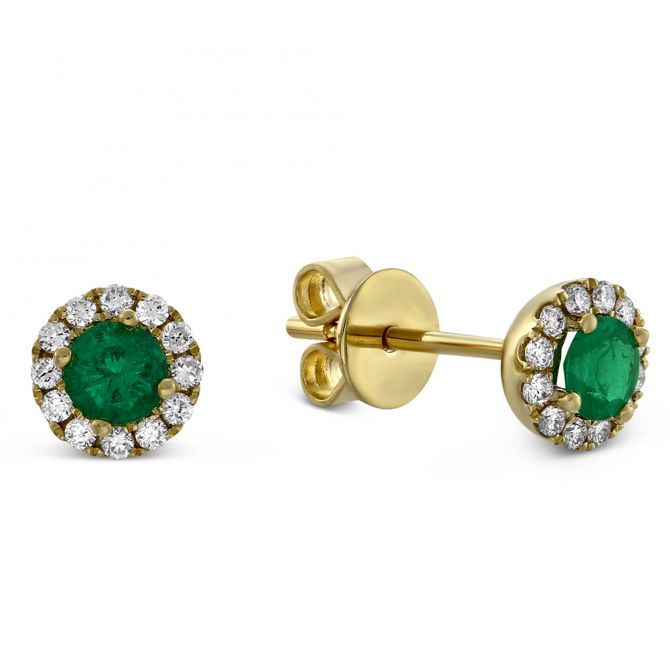 Emerald & Diamond Halo Earrings in Yellow Gold