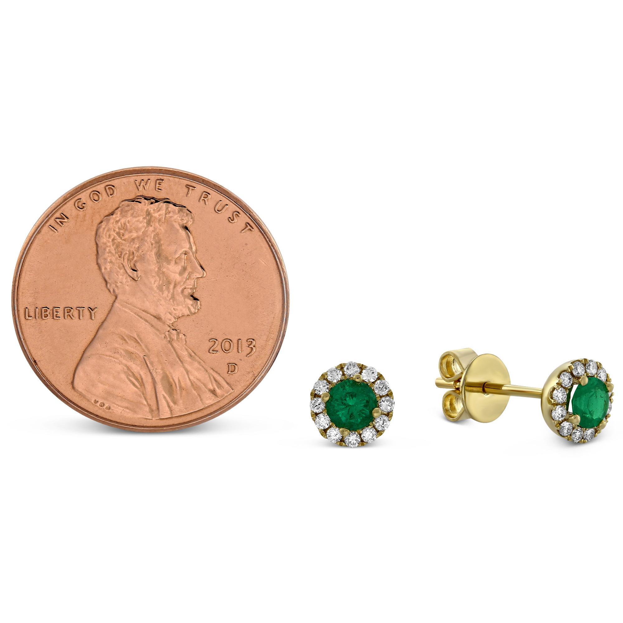 Emerald & Diamond Halo Earrings in Yellow Gold