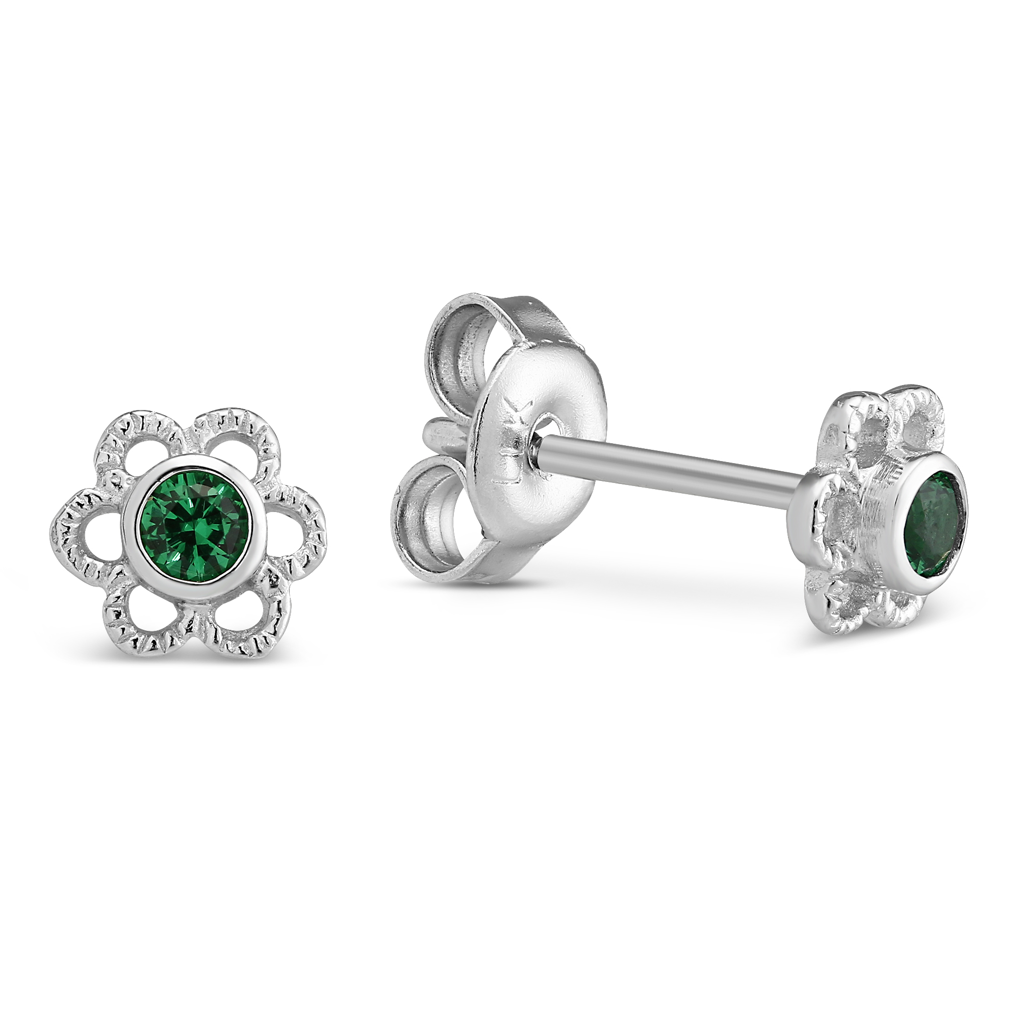 Sterling Silver Child's Green Crystal Flower Earrings