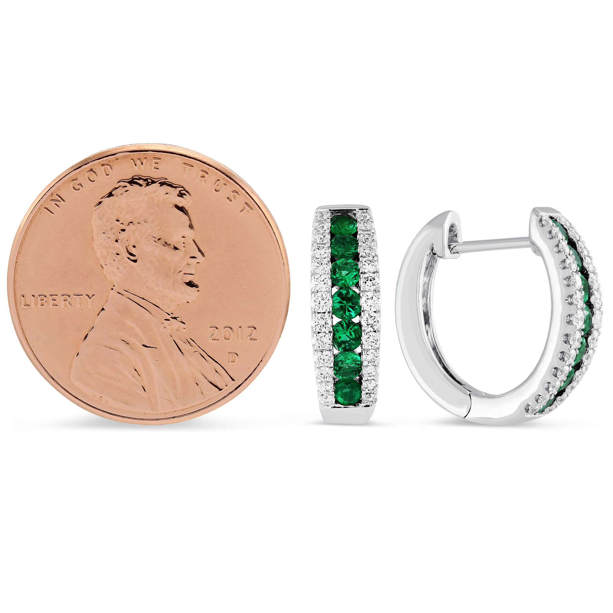 Round Emerald & Diamond Hoop Earrings in White Gold