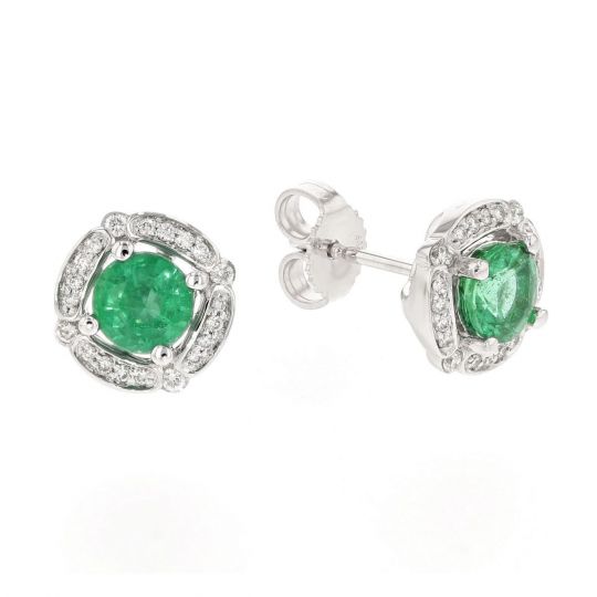 Emerald Diamond Frame Round Stud Earrings In White Gold Emerald Diamond Frame Round Stud Earrings In White Gold