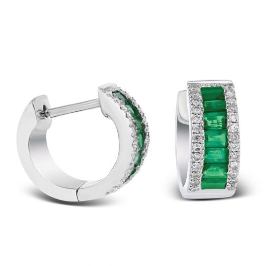 14k White Gold Baguette Emerald Diamond Huggie Hoop Earrings 14k White Gold Baguette Emerald Diamond Huggie Hoop Earrings
