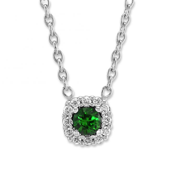 Emerald & Diamond Halo Necklace in White Gold, 18"