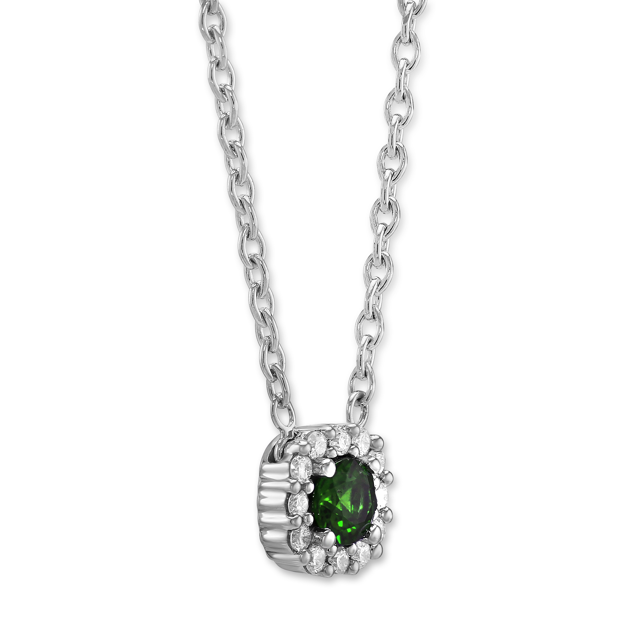 Emerald & Diamond Halo Necklace in White Gold, 18