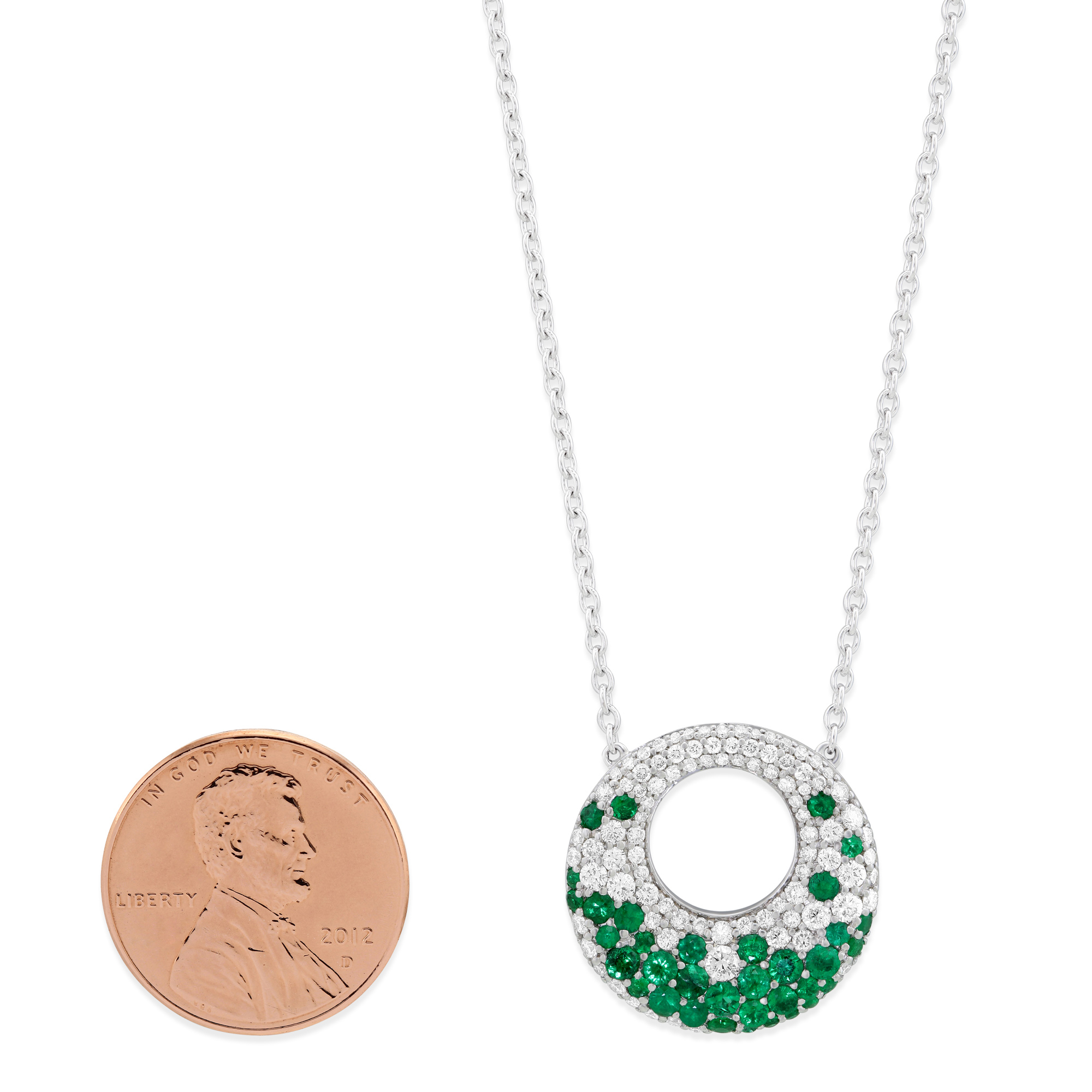 14K White Gold Emerald & Diamond Circle Pendant, 18