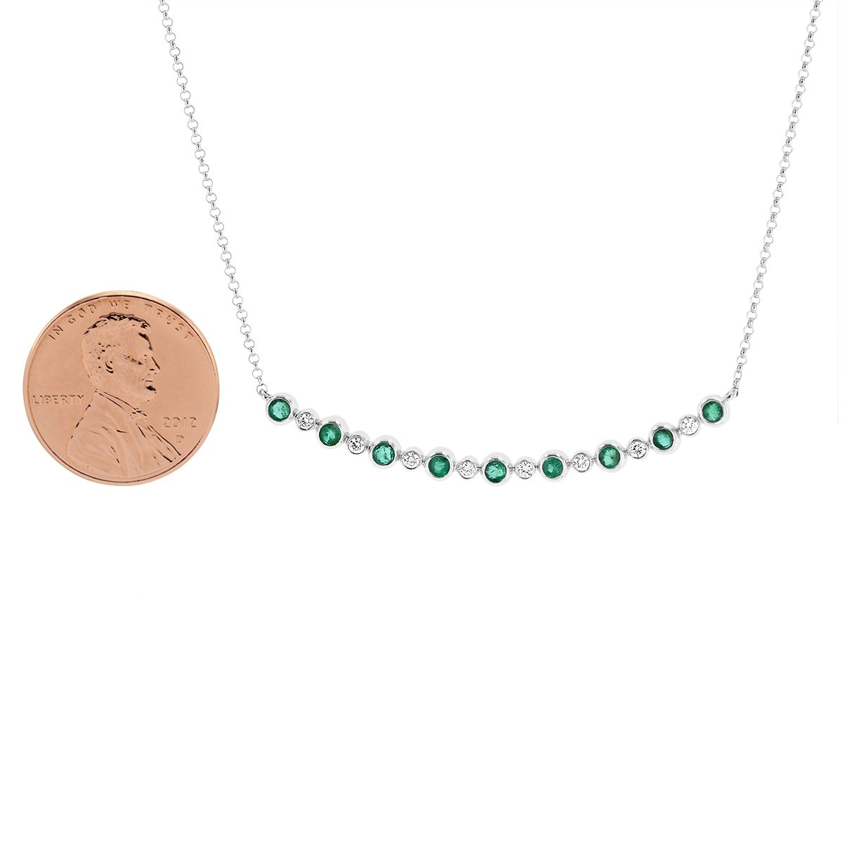 Emerald & Diamond Bezel Curved Bar Necklace in White Gold, 16