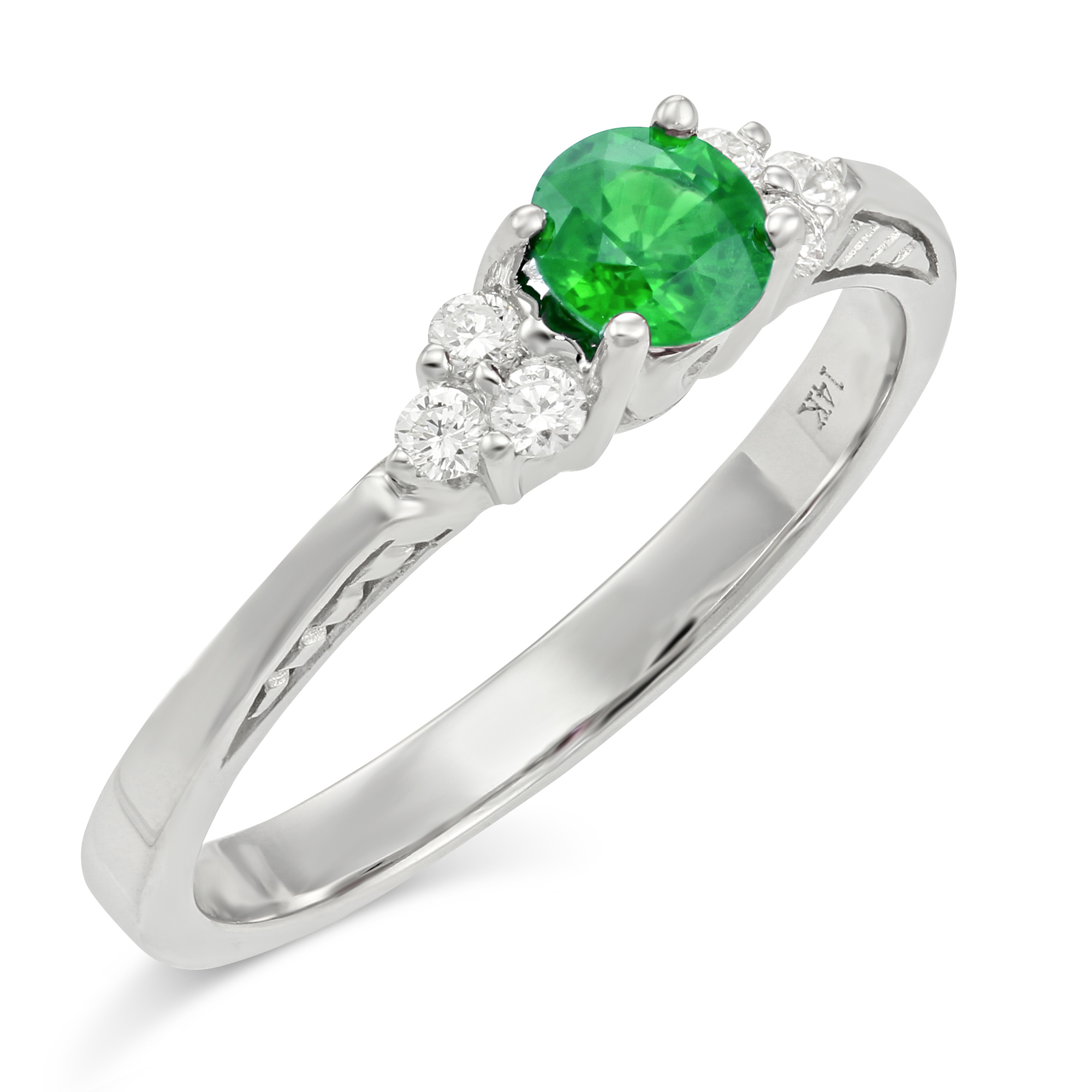 14K White Gold Round Emerald & Diamond Ring