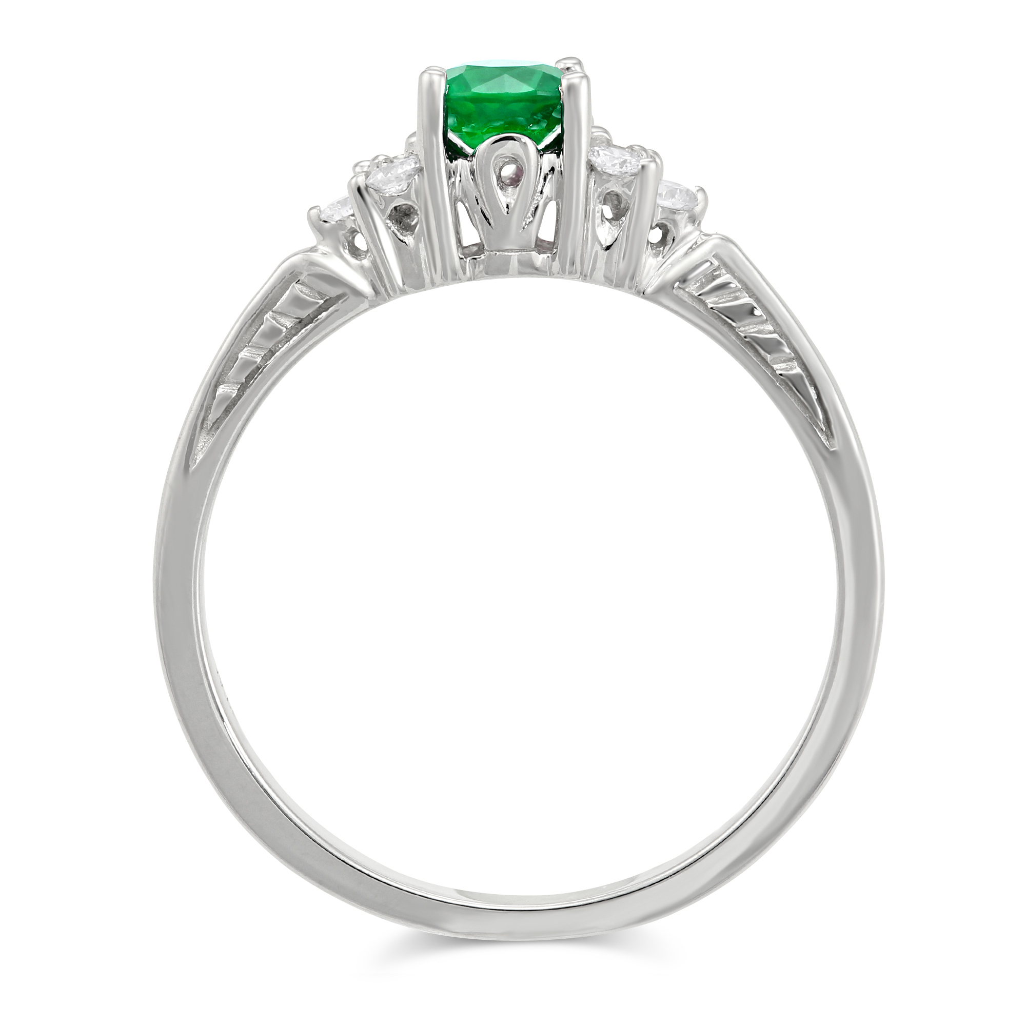 14K White Gold Round Emerald & Diamond Ring