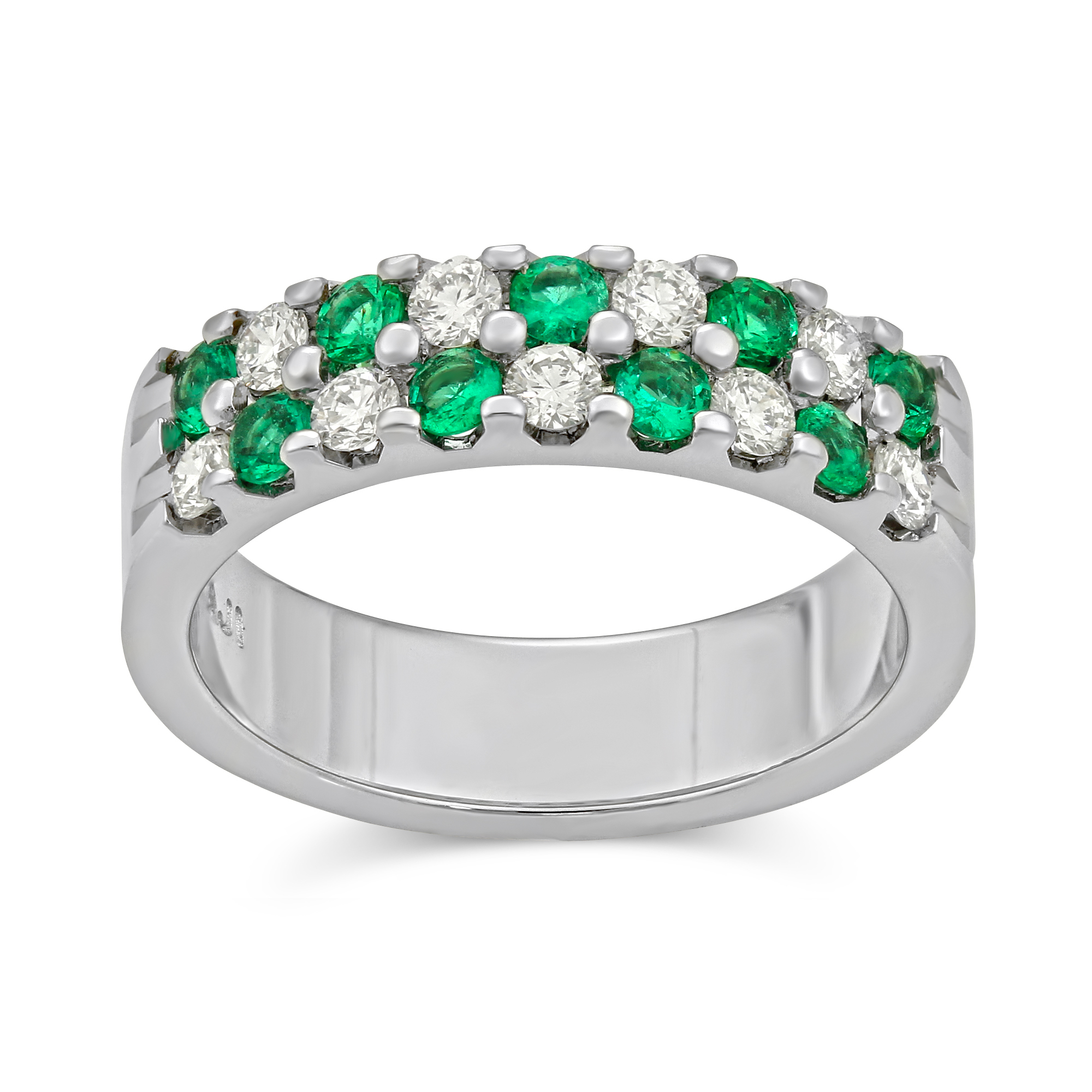 14K White Gold Round Emerald & Diamond Two Row Band