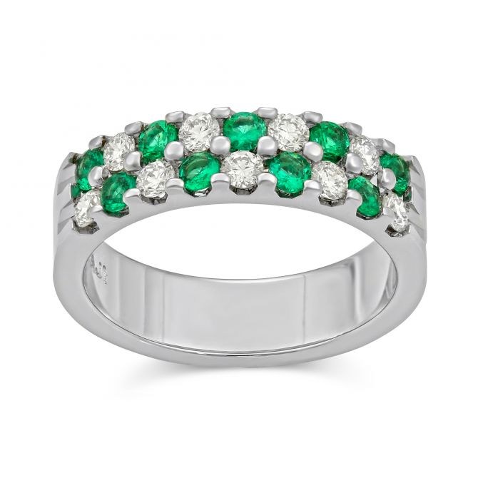 14K White Gold Round Emerald & Diamond Two Row Band