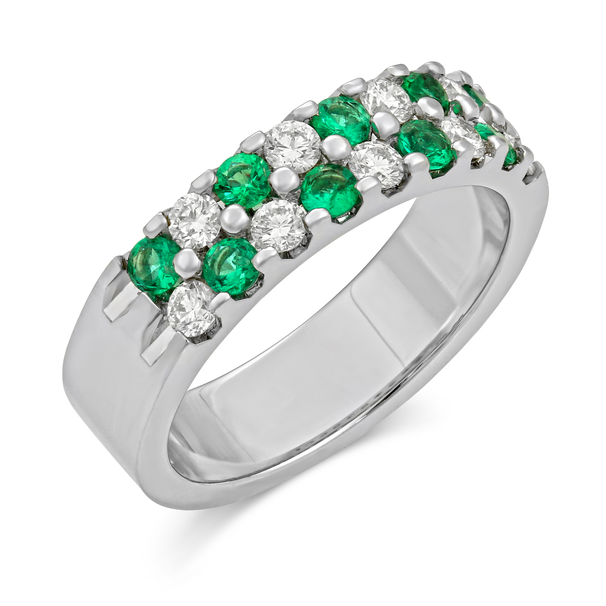 14K White Gold Round Emerald & Diamond Two Row Band