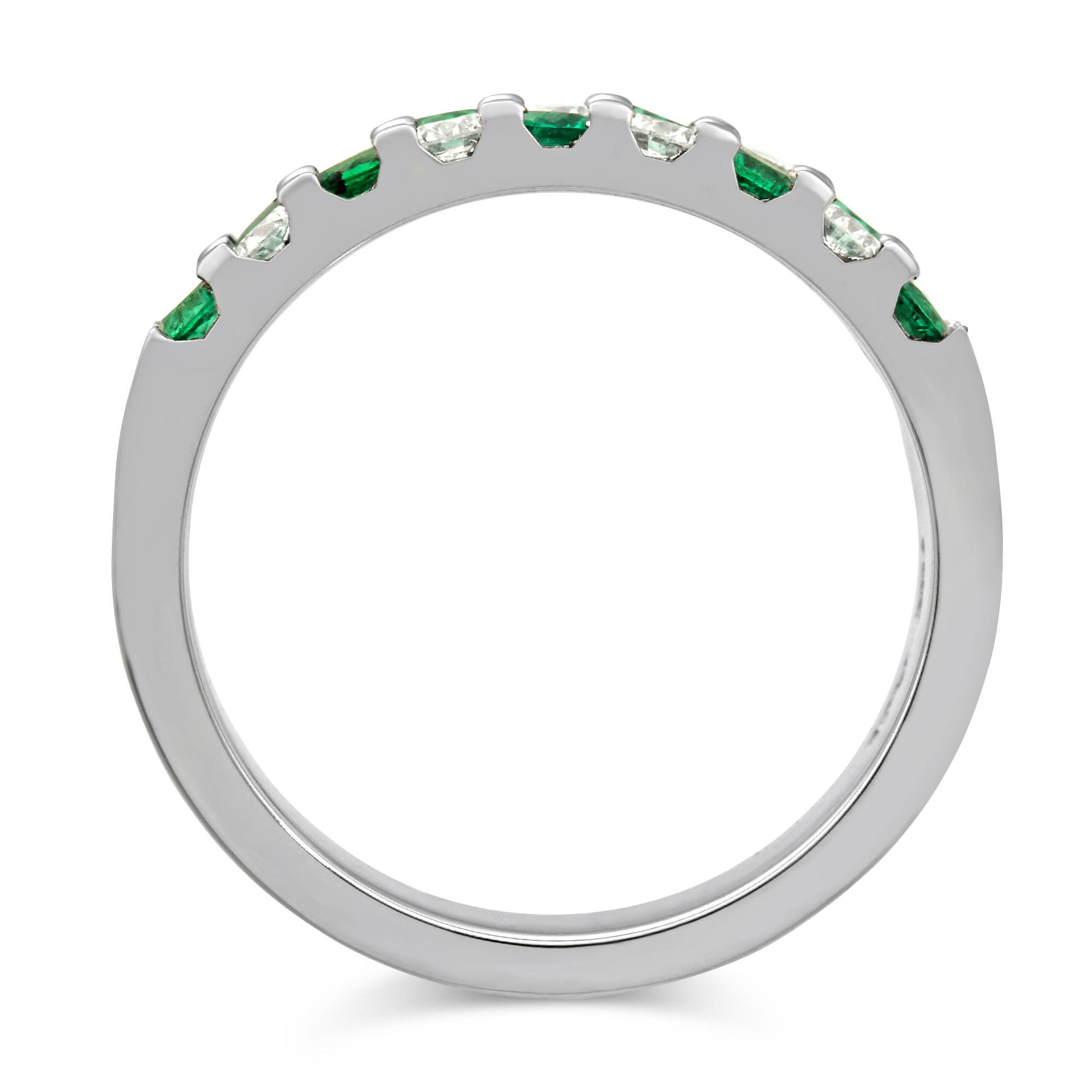 14K White Gold Round Emerald & Diamond Two Row Band