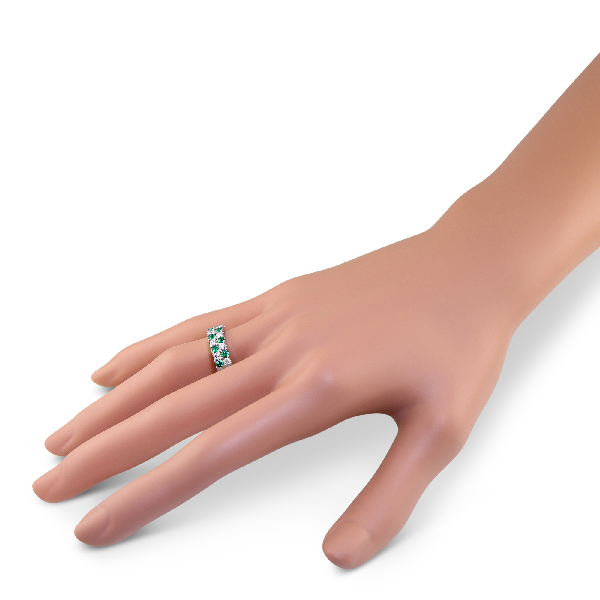 14K White Gold Round Emerald & Diamond Two Row Band