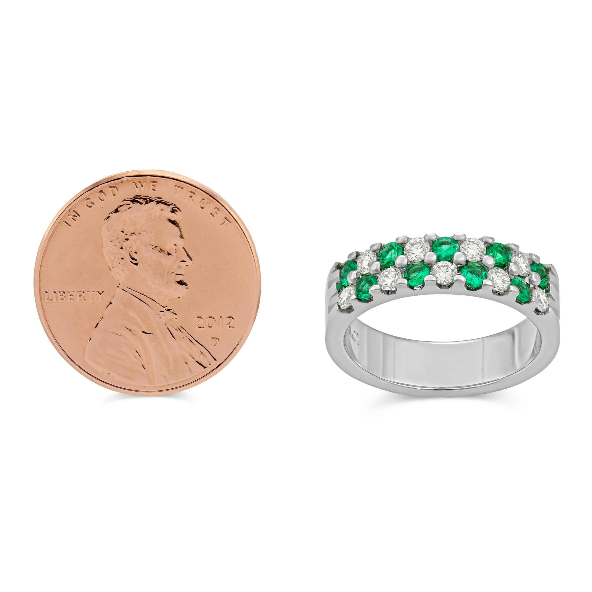 14K White Gold Round Emerald & Diamond Two Row Band