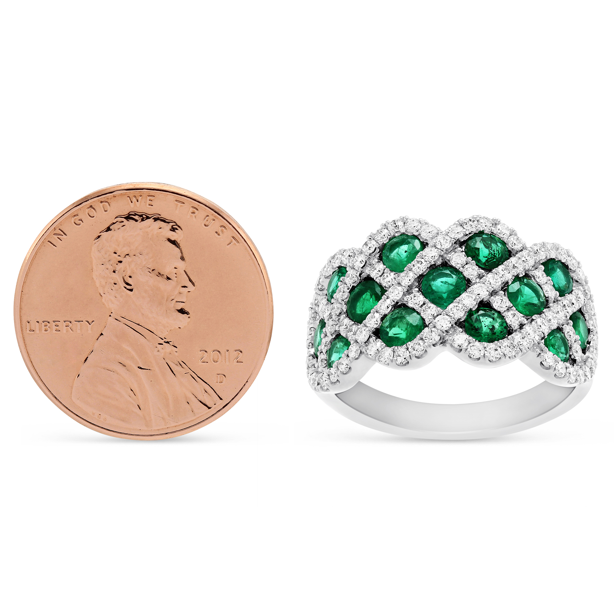 14K White Gold Round Emerald & Diamond Criss Cross Ring