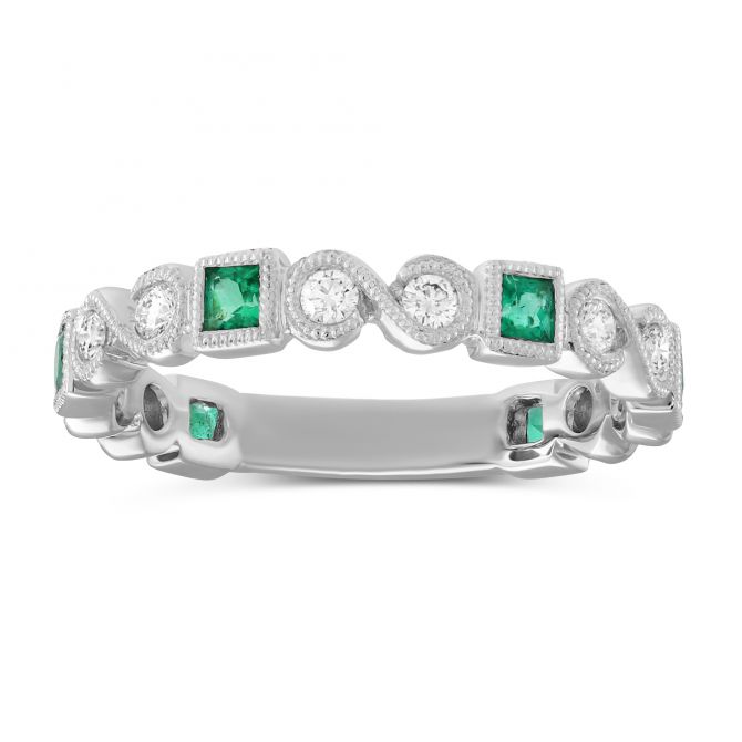 14K White Gold Princess Cut Emerald & Diamond Ring