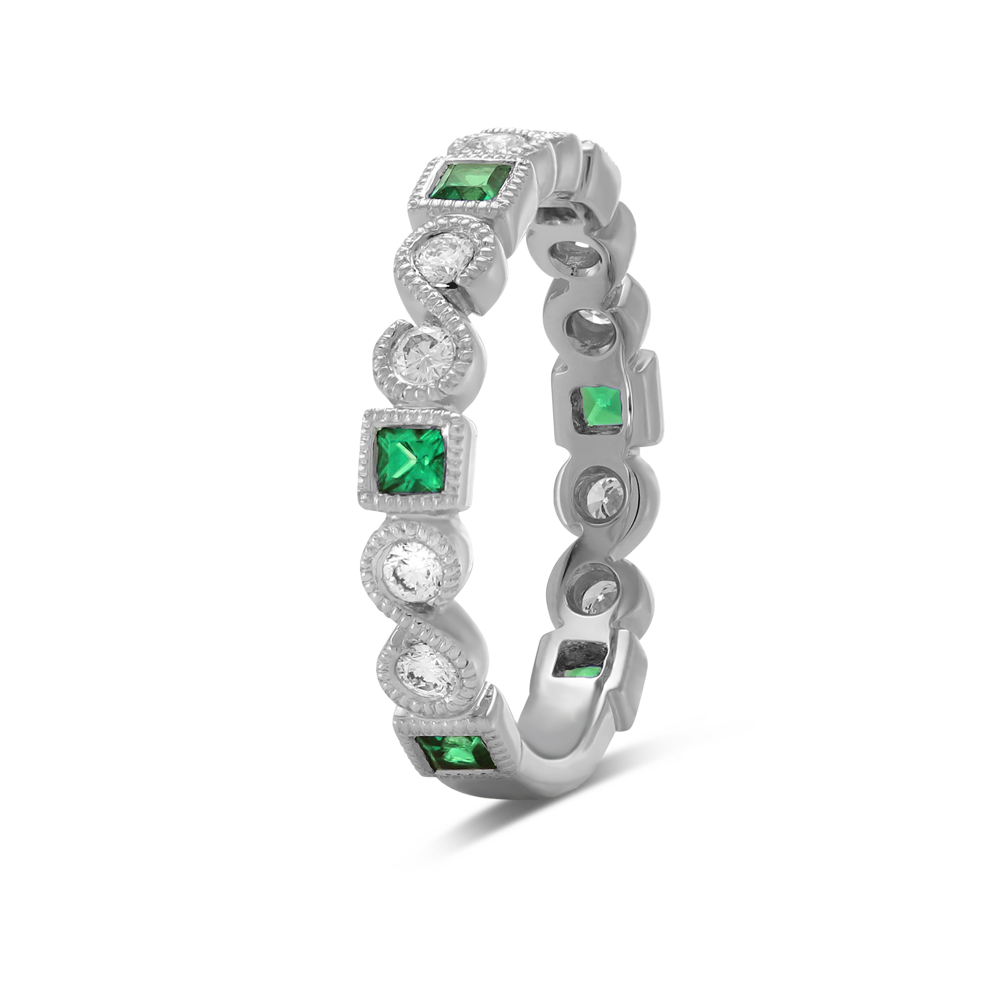 14K White Gold Princess Cut Emerald & Diamond Ring