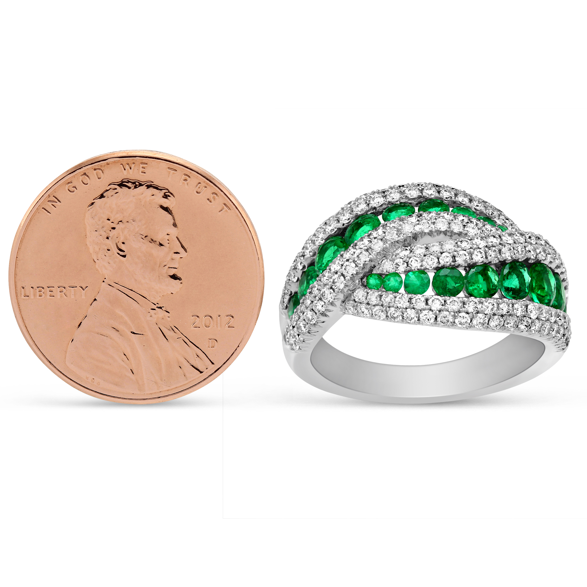 Emerald & Diamond Crossover Ring in White Gold