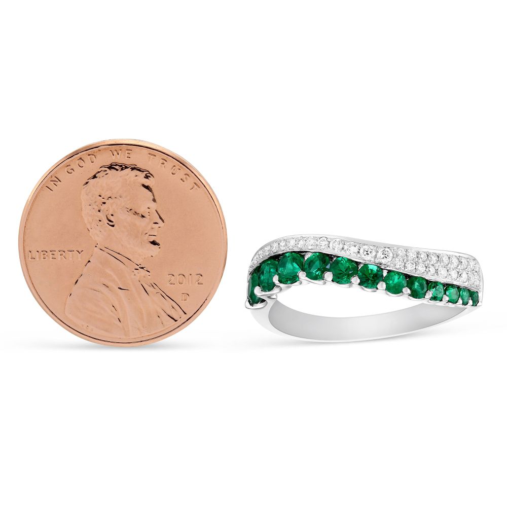 14K White Gold Emerald & Diamond Wave Ring