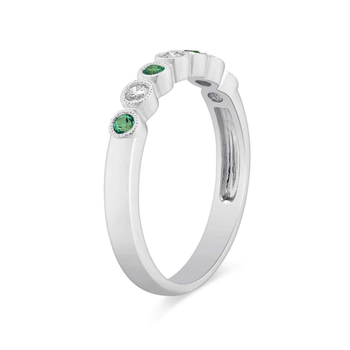 14K White Gold Round Emerald & Diamond Bezel Set Milgrain Ring