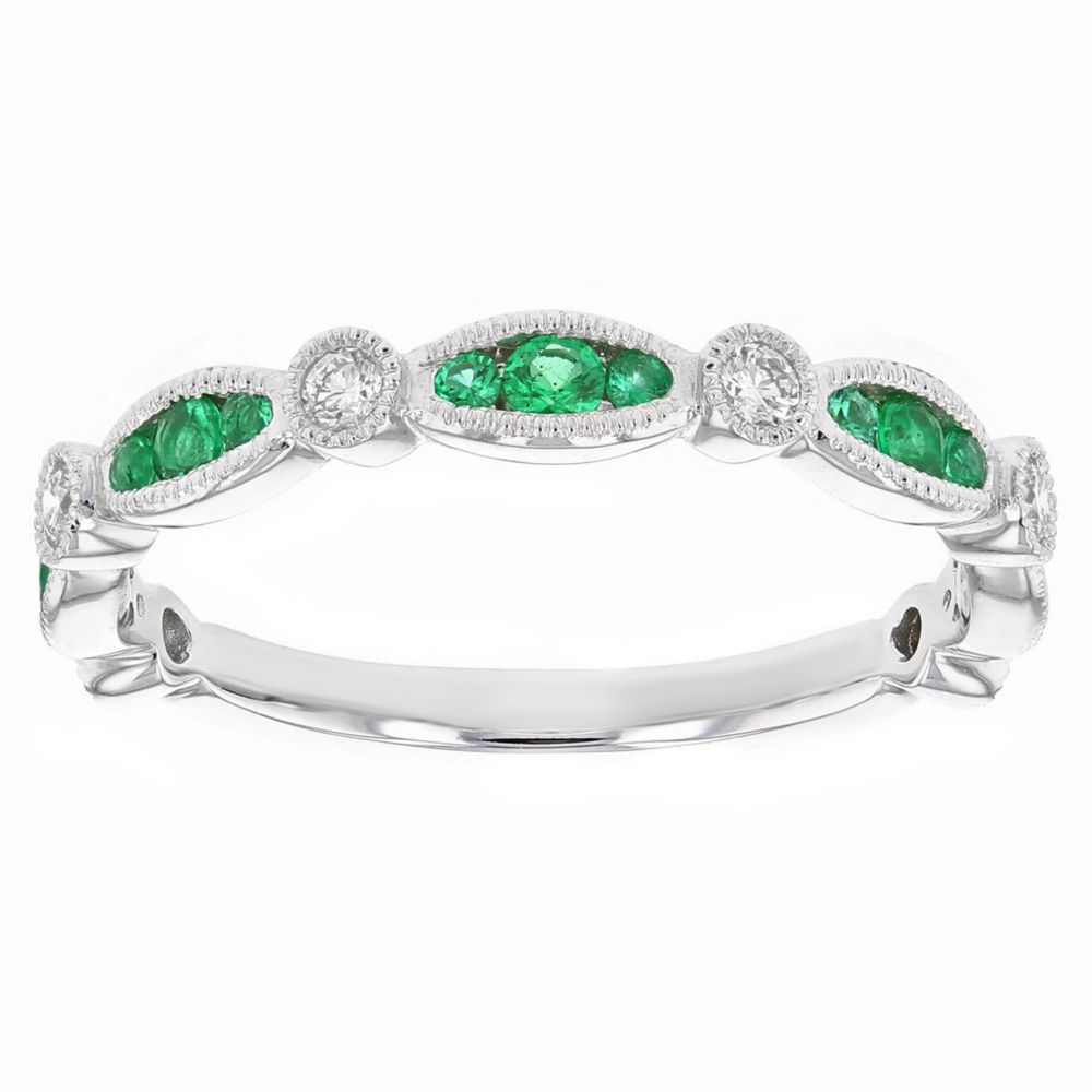 14K White Gold Emerald & Diamond Navette Milgrain Station Ring