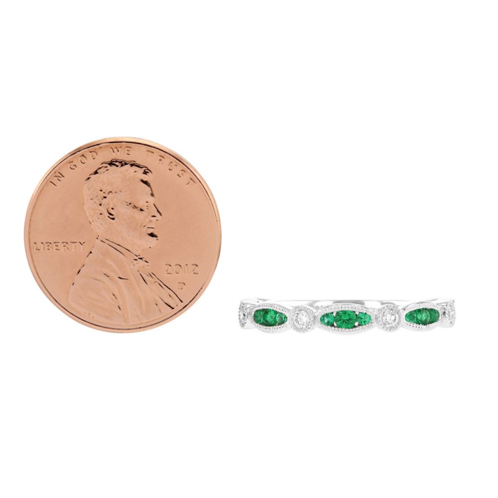 14K White Gold Emerald & Diamond Navette Milgrain Station Ring