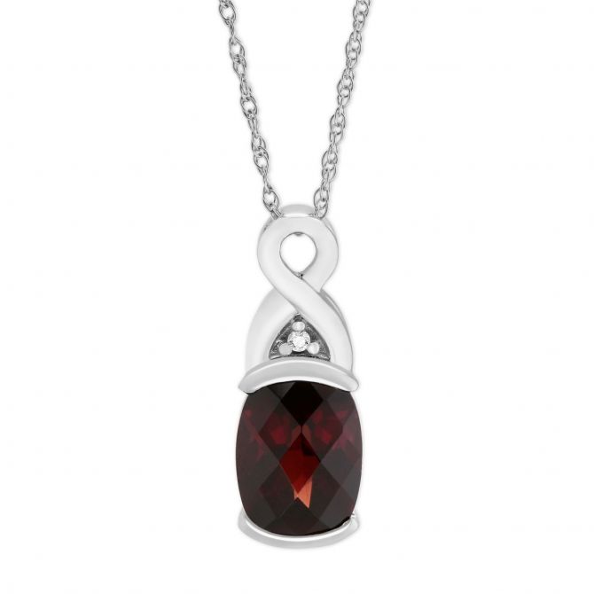 Cushion Garnet & Diamond Swirl Pendant in White Gold, 18"