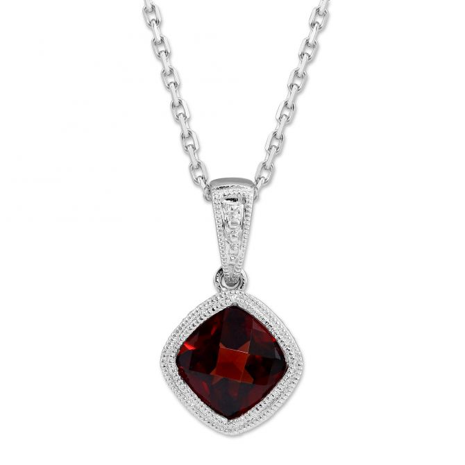 14K White Gold Cushion Checkerboard Garnet Bezel Set Pendant, 18"