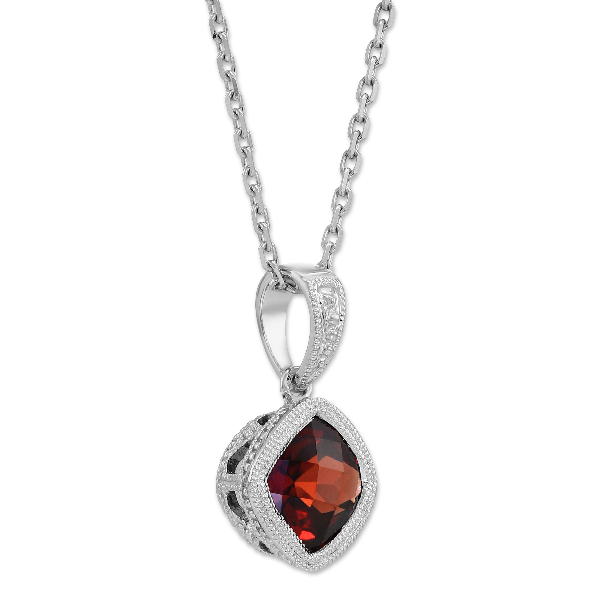 14K White Gold Cushion Checkerboard Garnet Bezel Set Pendant, 18