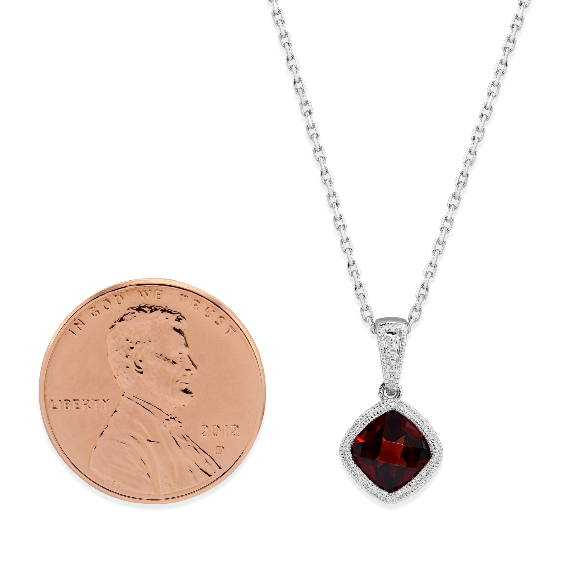 14K White Gold Cushion Checkerboard Garnet Bezel Set Pendant, 18