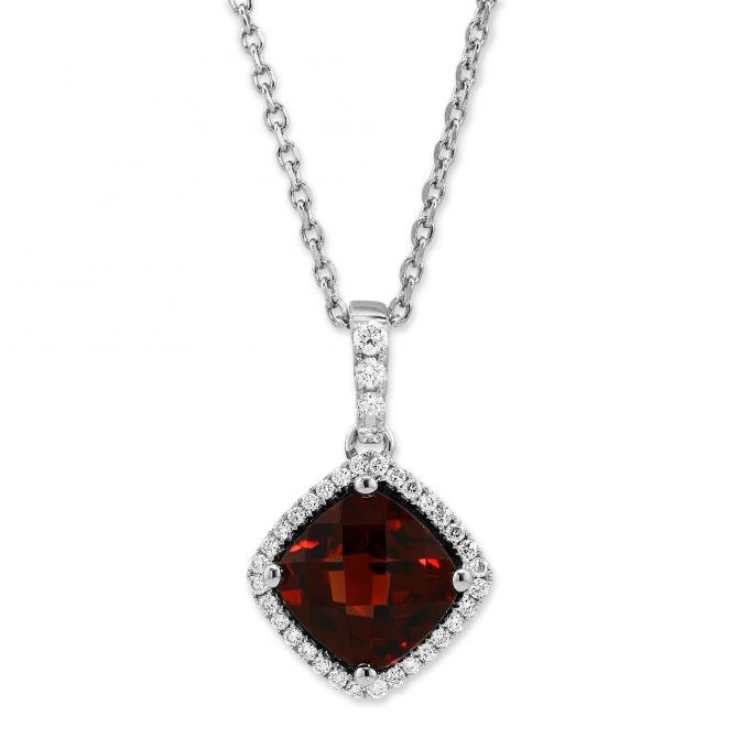 14K White Gold Cushion Checkerboard Garnet & Diamond Pendant, 18"