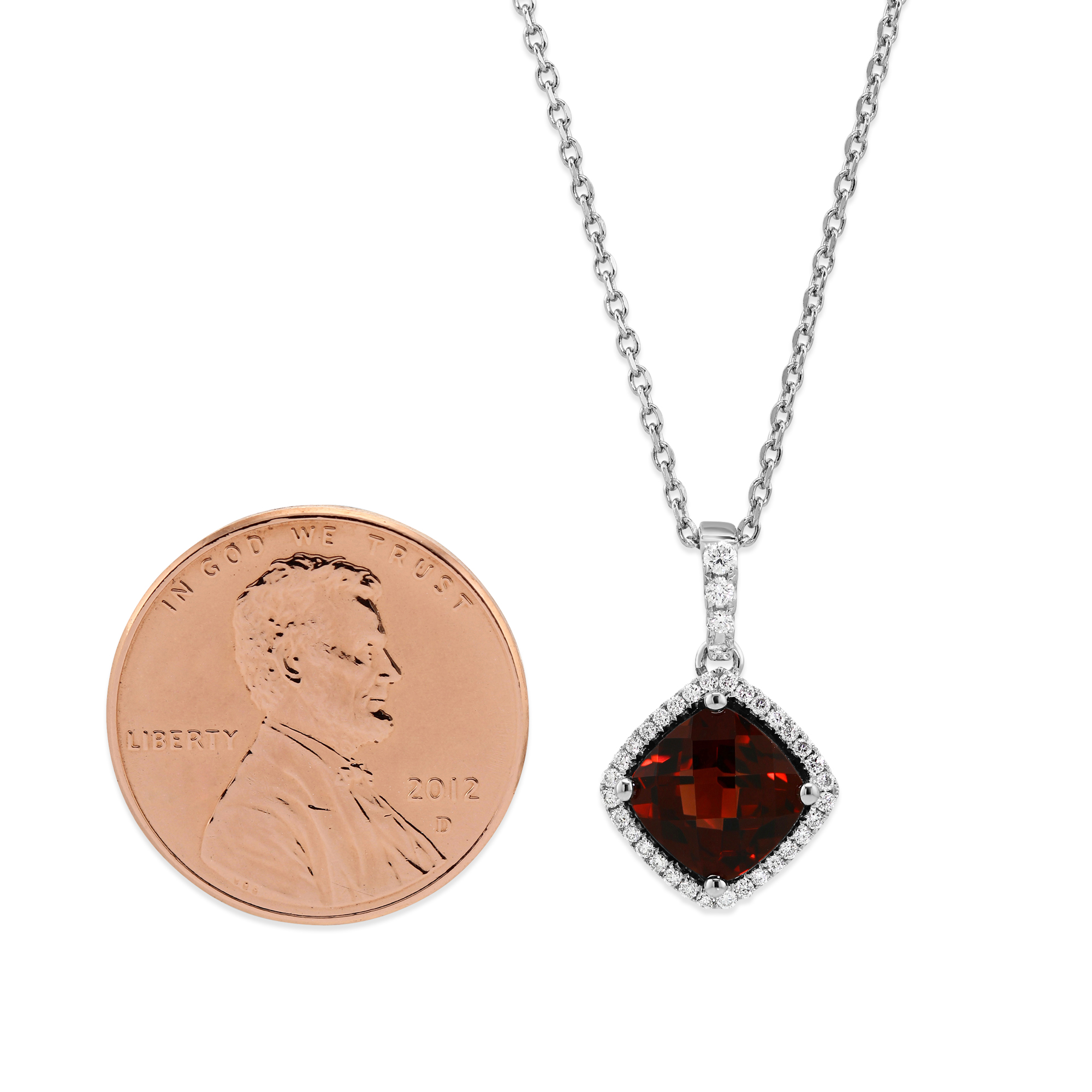 14K White Gold Cushion Checkerboard Garnet & Diamond Pendant, 18