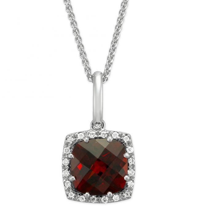 14K White Gold Checkerboard Faceted Cushion Garnet & Diamond Pendant, 18"