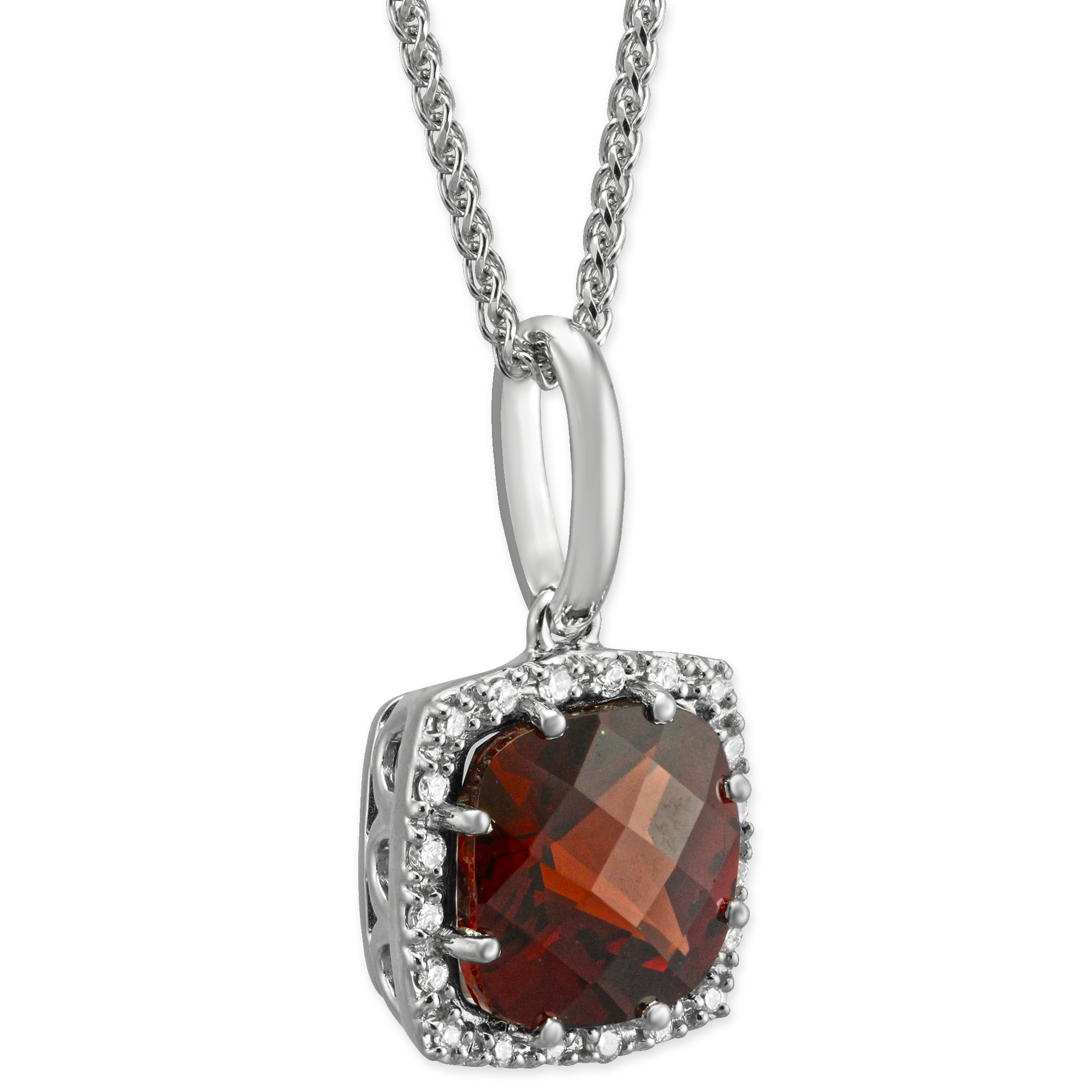 14K White Gold Checkerboard Faceted Cushion Garnet & Diamond Pendant, 18
