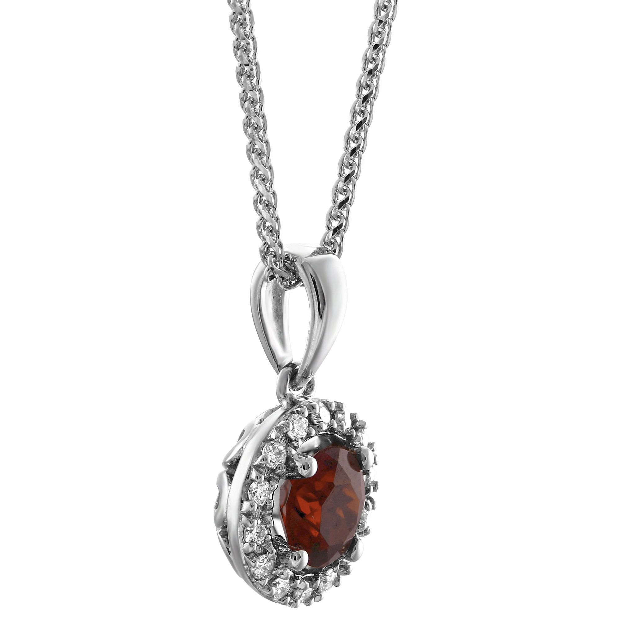 14K White Gold Round Garnet & Diamond Halo Pendant, 18
