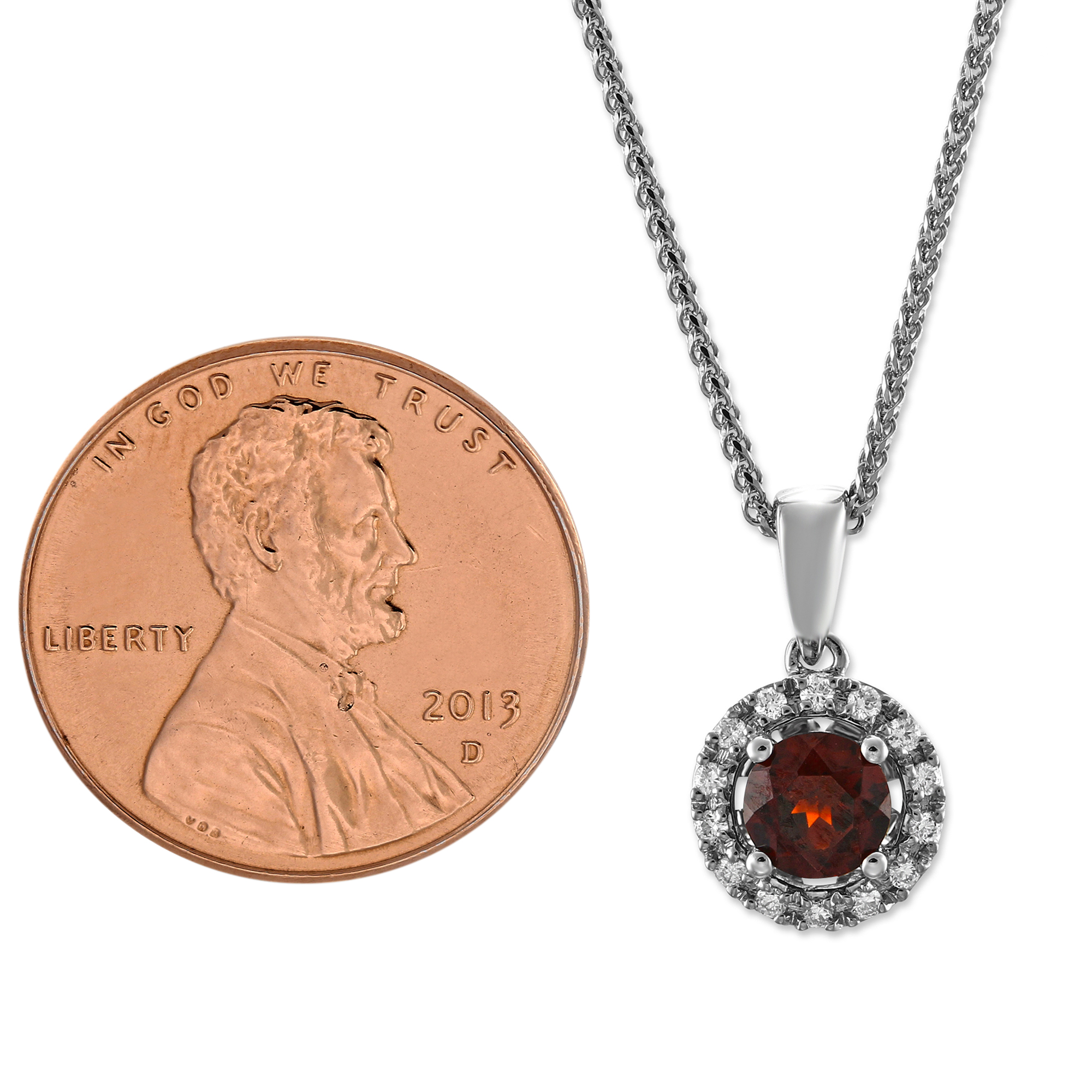 14K White Gold Round Garnet & Diamond Halo Pendant, 18