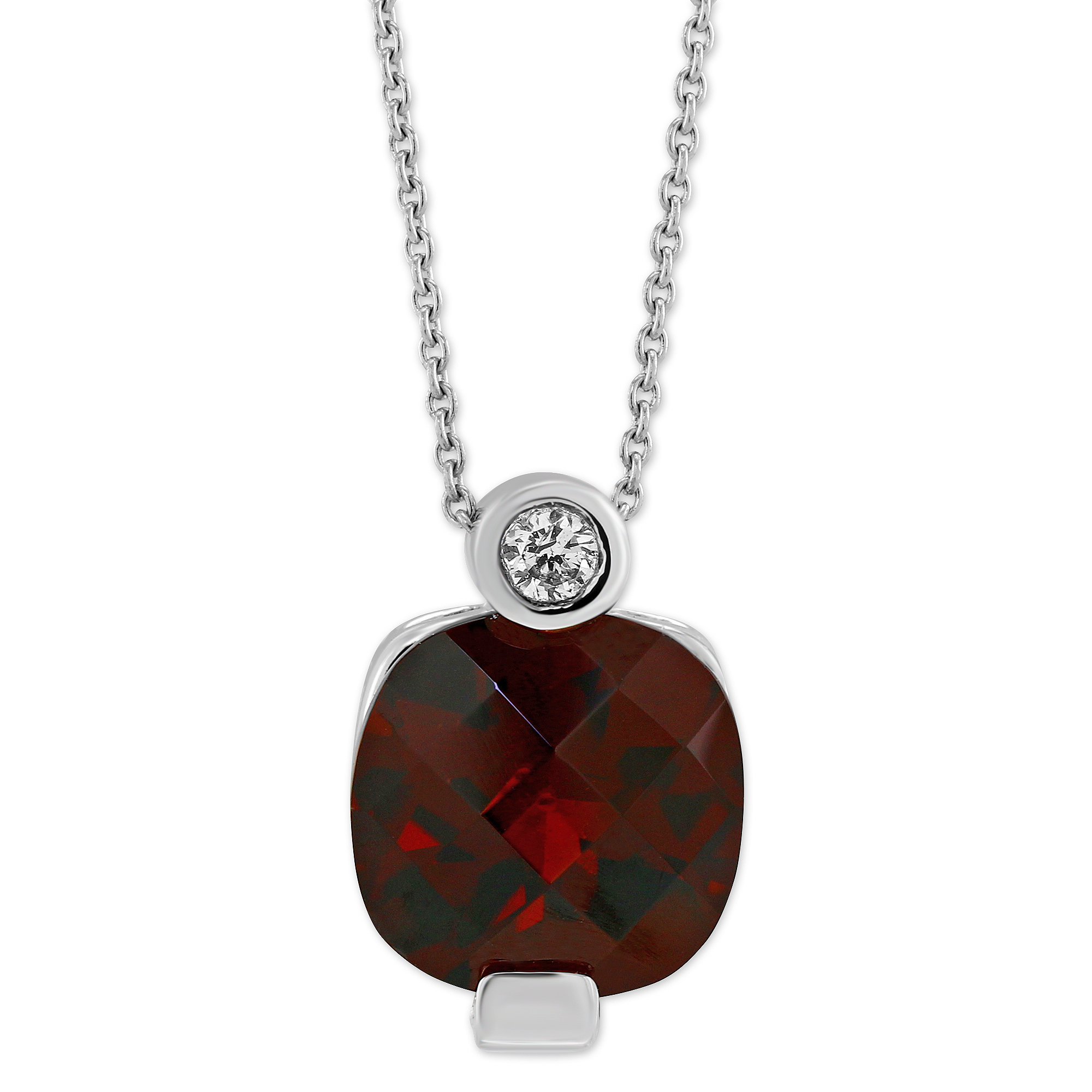 14K White Gold Checkerboard Cushion Garnet & Diamond Pendant