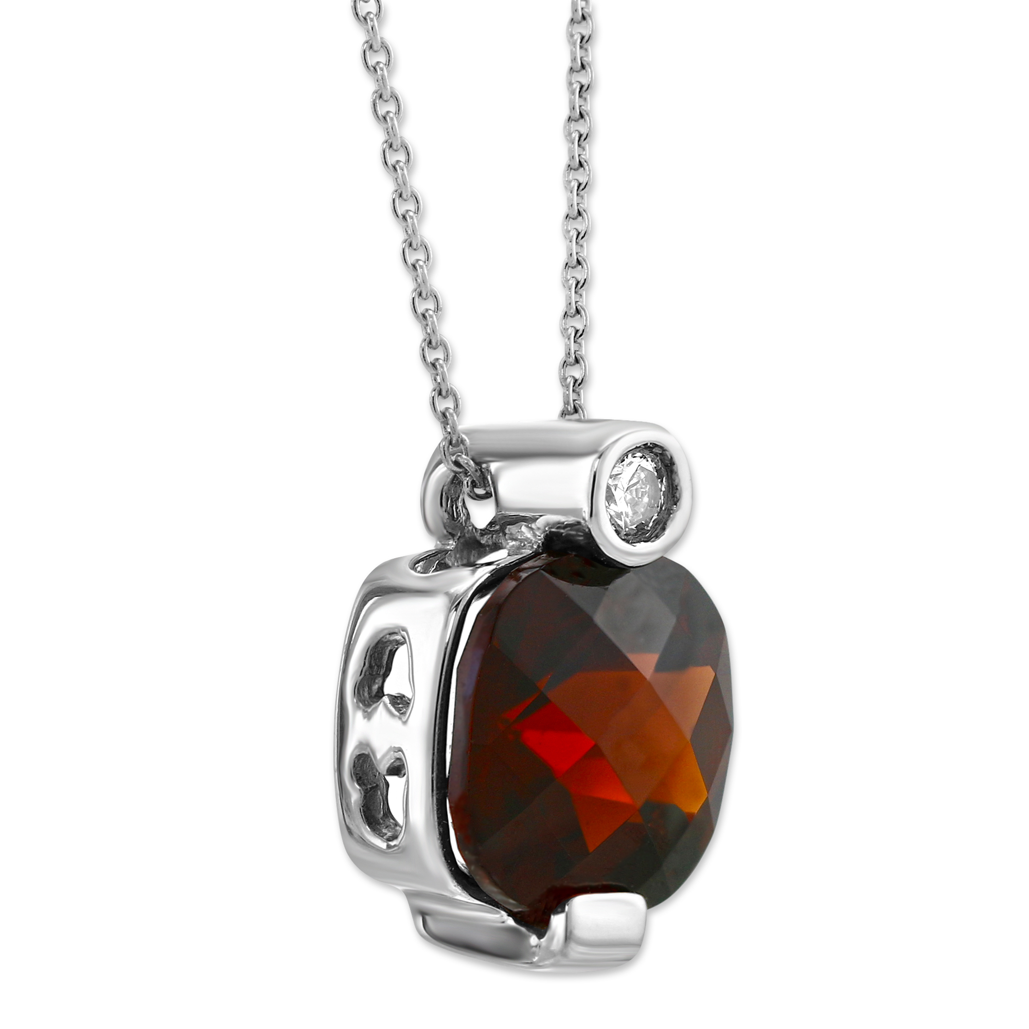 14K White Gold Checkerboard Cushion Garnet & Diamond Pendant