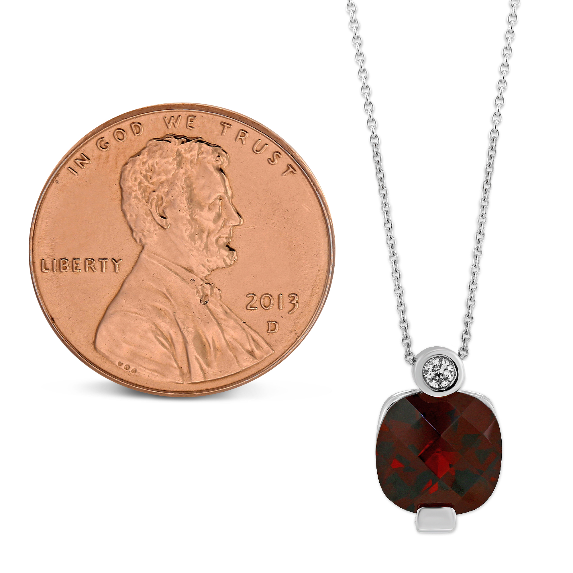14K White Gold Checkerboard Cushion Garnet & Diamond Pendant