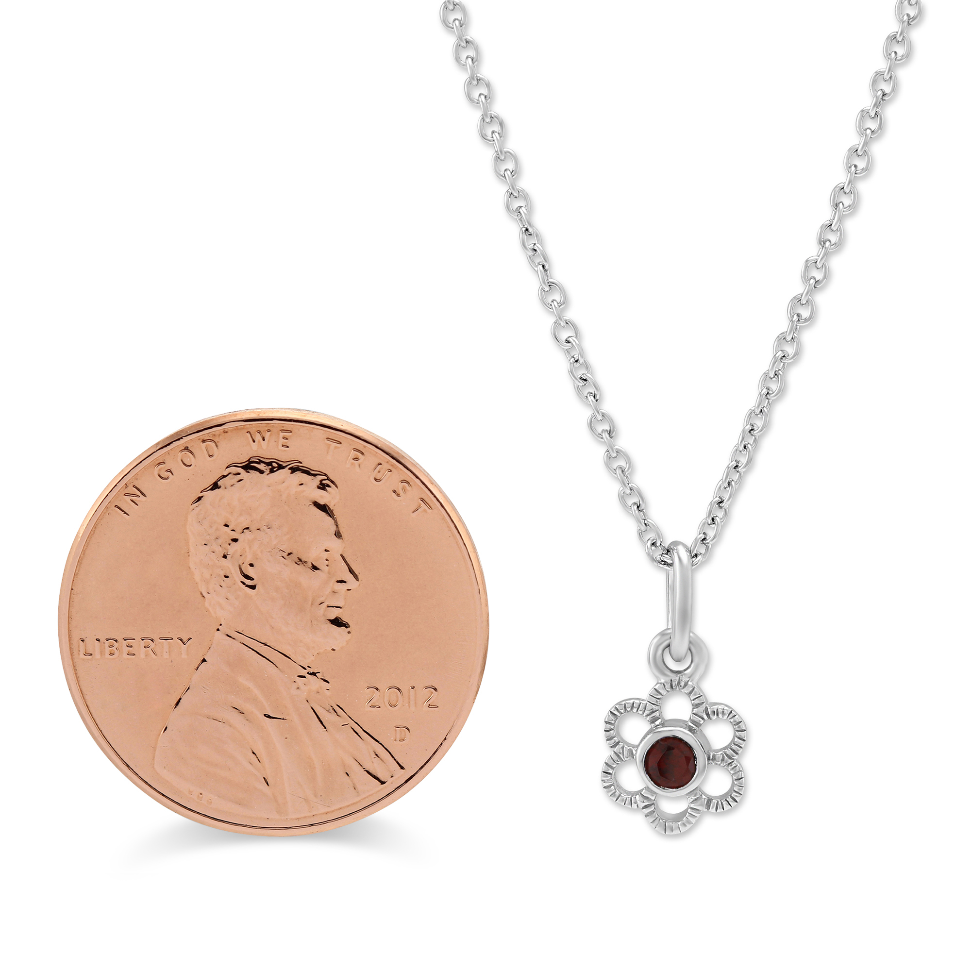 Sterling Silver Child's Garnet Flower Pendant, 15