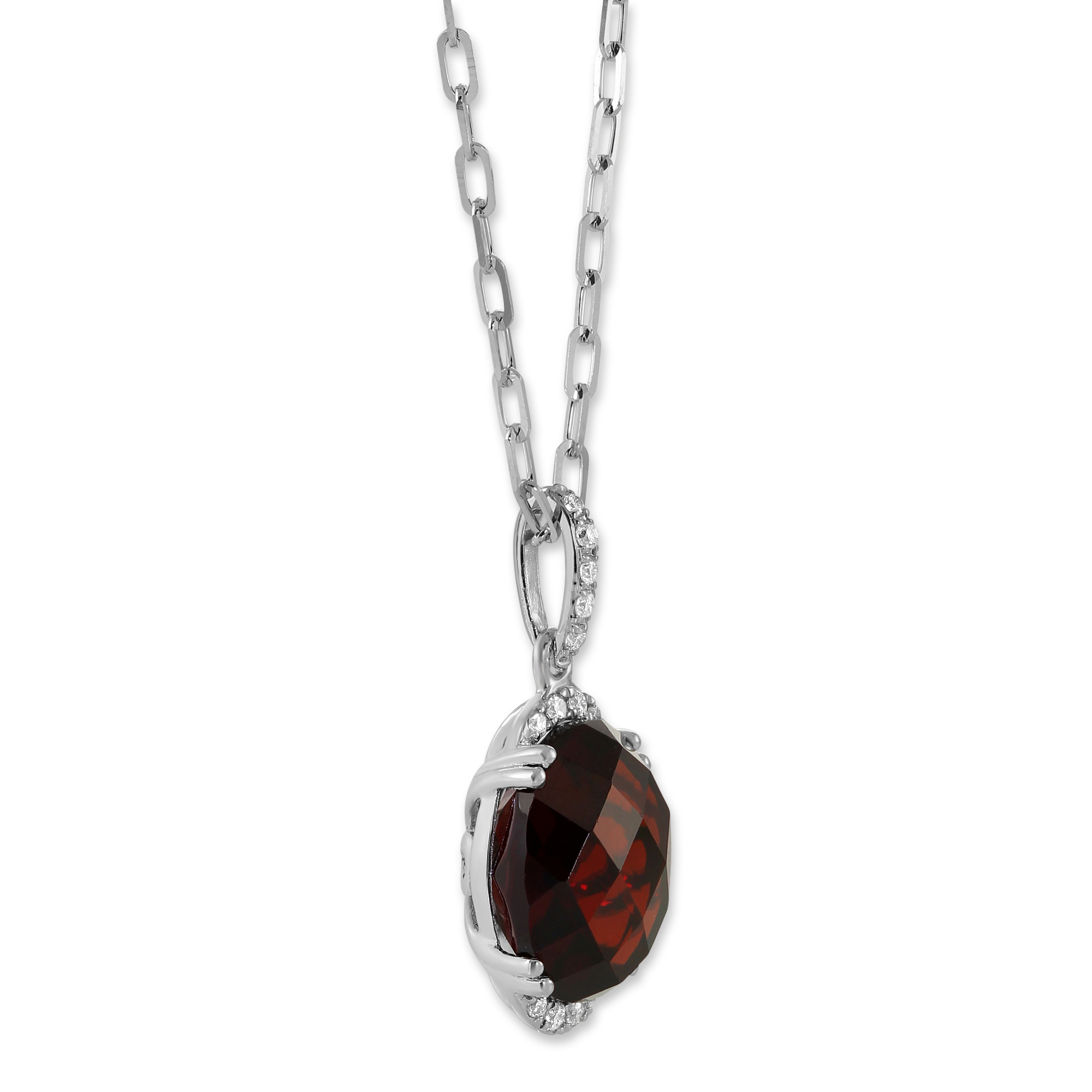 14K White Gold Checkerboard Oval Garnet & Diamond Pendant, 18
