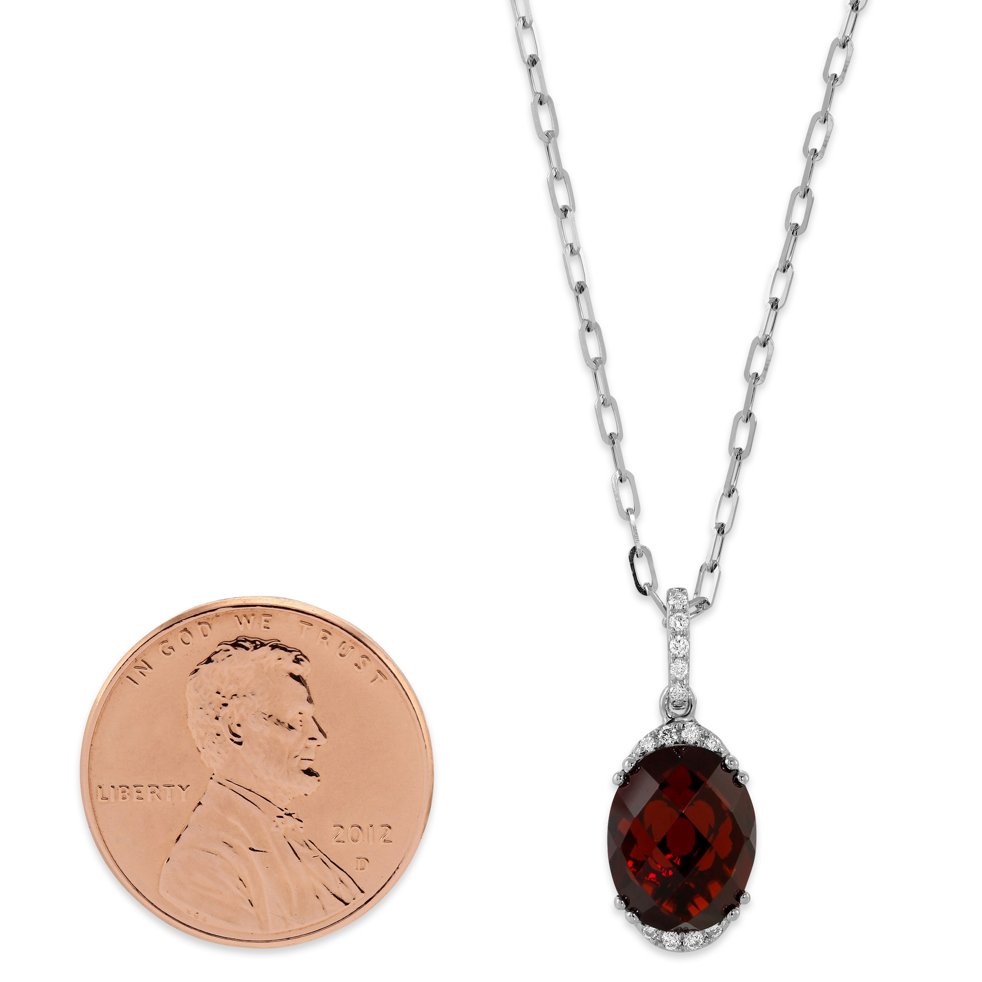 14K White Gold Checkerboard Oval Garnet & Diamond Pendant, 18