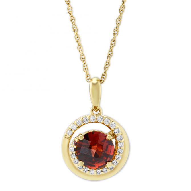 14K Yellow Gold Round Garnet & Diamond Swirl Pendant, 18"