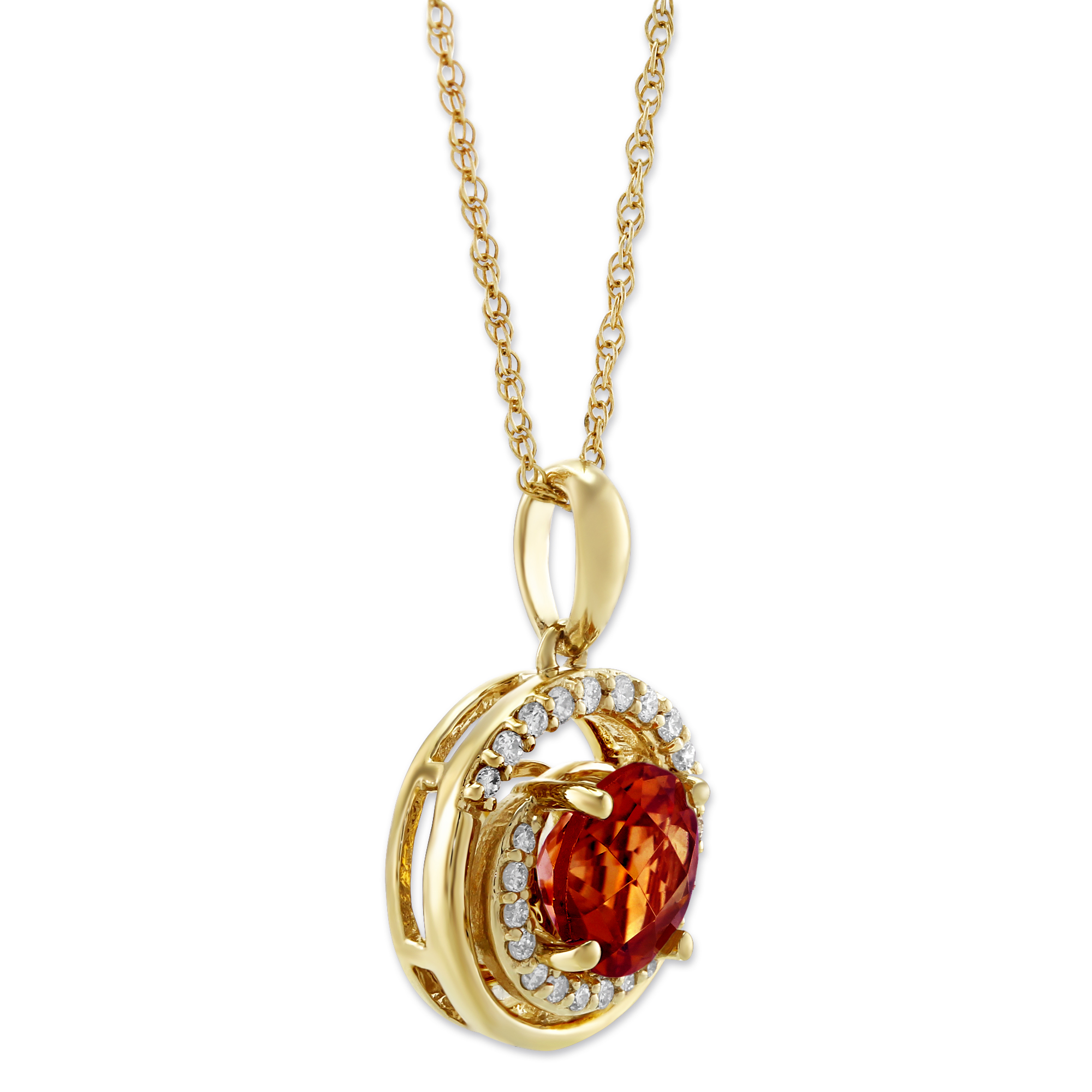 14K Yellow Gold Round Garnet & Diamond Swirl Pendant, 18
