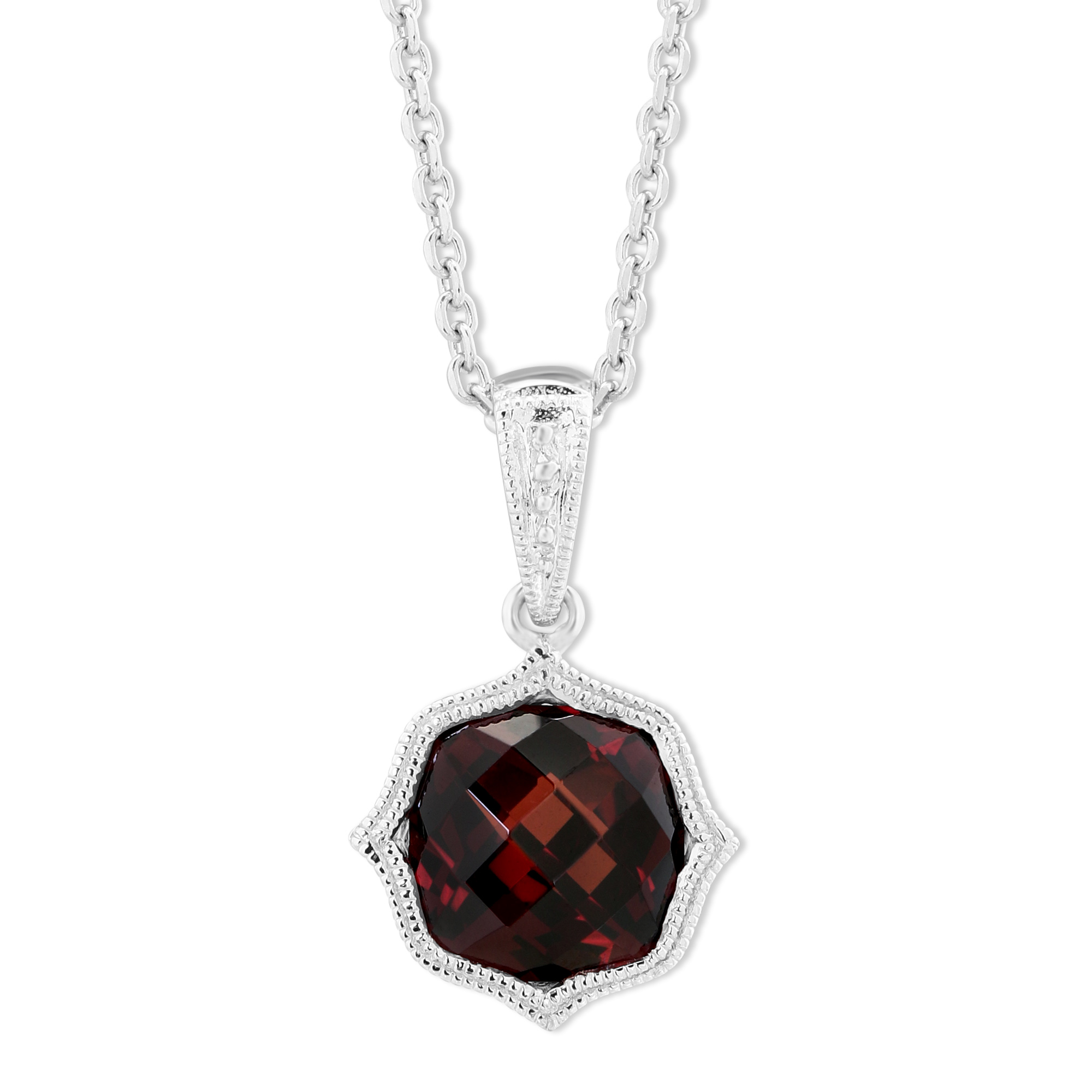 14K White Gold Garnet Pendant with Double Milgrain Edge, 18