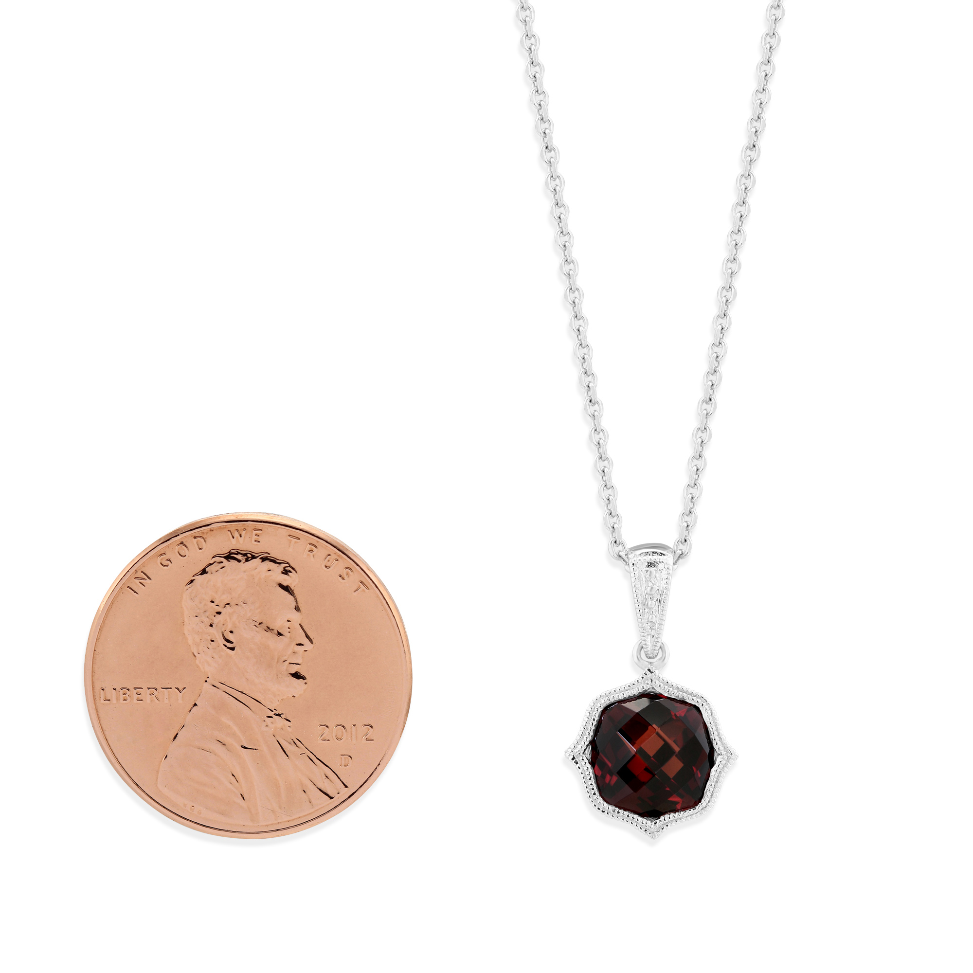 14K White Gold Garnet Pendant with Double Milgrain Edge, 18